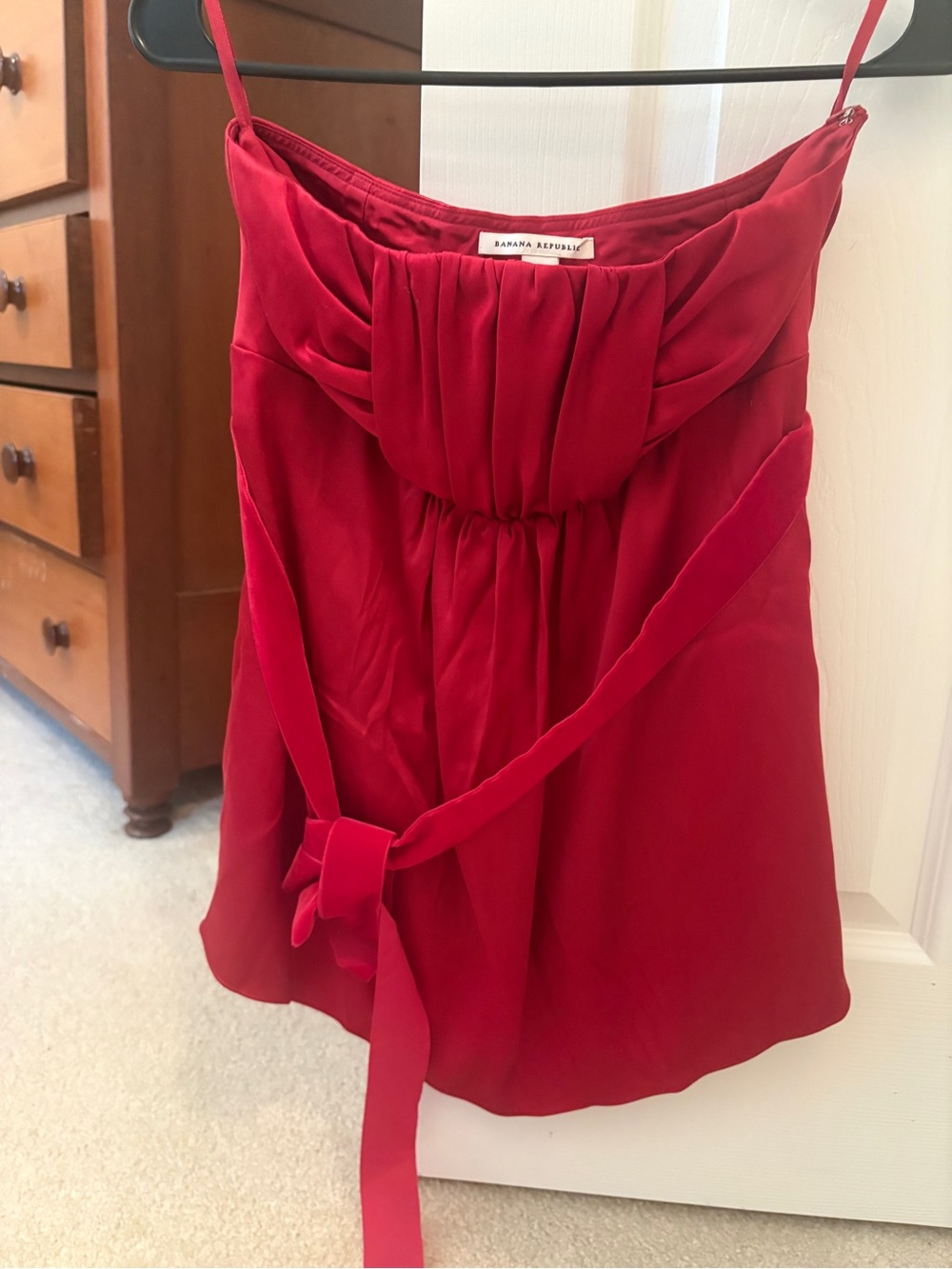Banana Republic Vibrant Red Strapless Satin Dress with Waist Tie